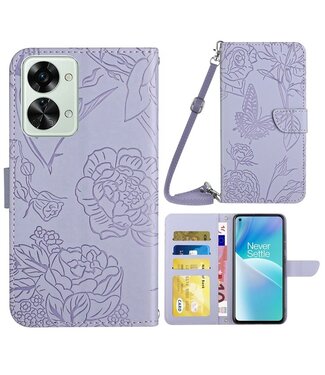 SoFetch Lichtpaars Bloemen Vlinder Bookcase Hoesje met Koord OnePlus Nord 2T