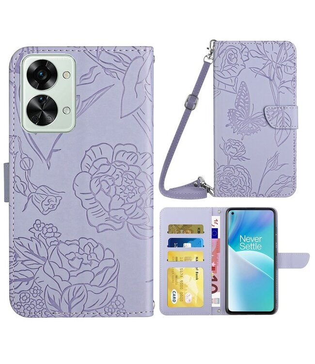 SoFetch SoFetch Lichtpaars Bloemen Vlinder Bookcase Hoesje met Koord voor de OnePlus Nord 2T