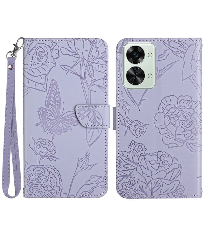 SoFetch SoFetch Lichtpaars Bloemen Vlinder Bookcase Hoesje voor de OnePlus Nord 2T