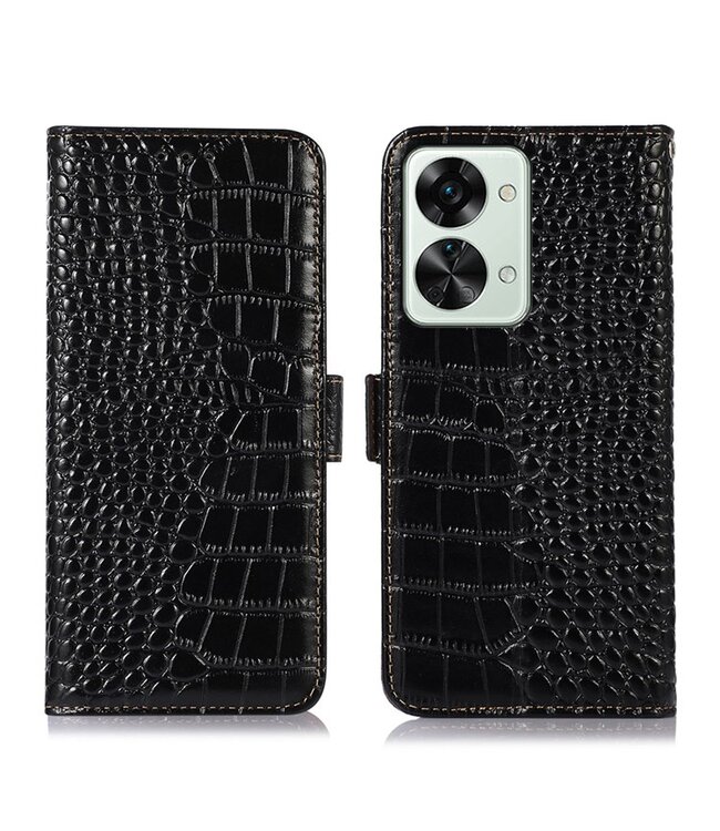 SoFetch SoFetch Zwart Krokodillen Bookcase Hoesje voor de OnePlus Nord 2T