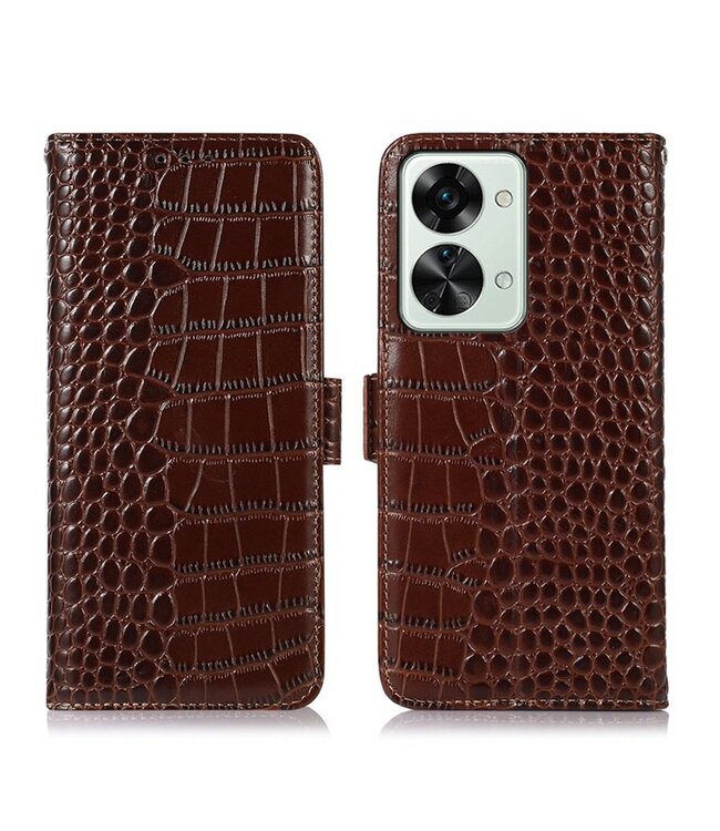 SoFetch SoFetch Bruin Krokodillen Bookcase Hoesje voor de OnePlus Nord 2T