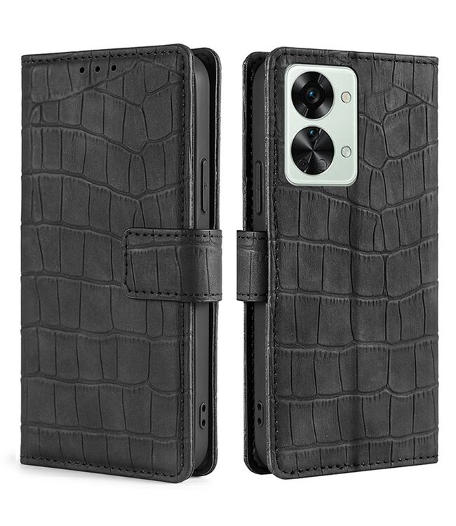 SoFetch SoFetch Zwart Vintage Krokodillen Bookcase Hoesje voor de OnePlus Nord 2T