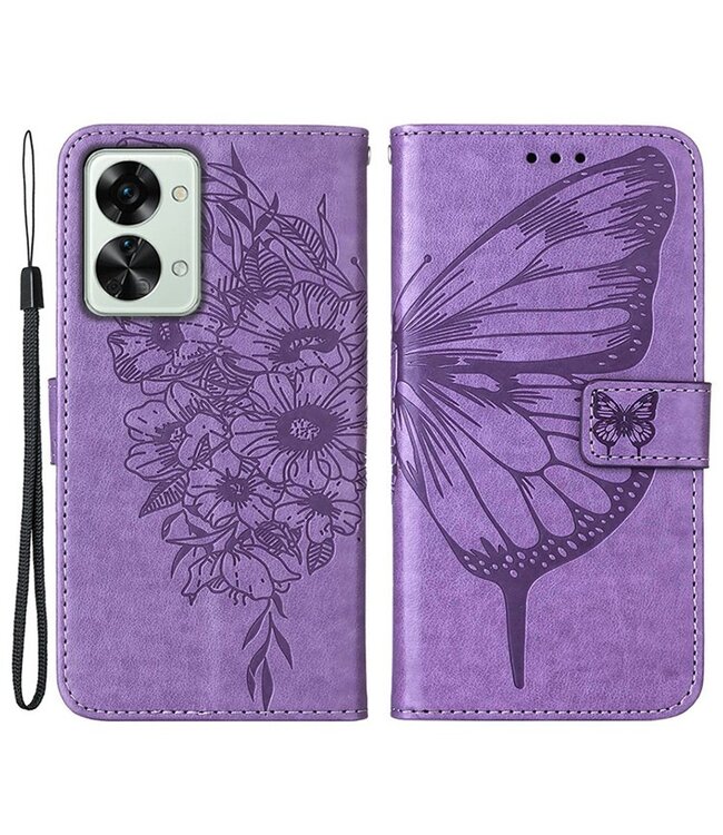 SoFetch SoFetch Paars Vlinder Bookcase Hoesje met Polsbandje voor de OnePlus Nord 2T