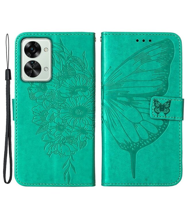 SoFetch SoFetch Groen Vlinder Bookcase Hoesje met Polsbandje voor de OnePlus Nord 2T