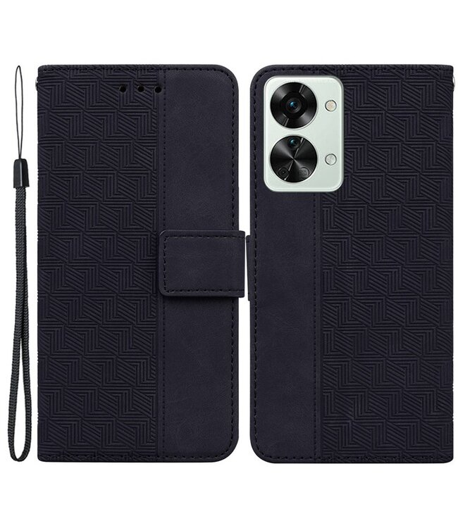 SoFetch SoFetch Zwart Geometrisch Bookcase Hoesje met Polsbandje voor de OnePlus Nord 2T
