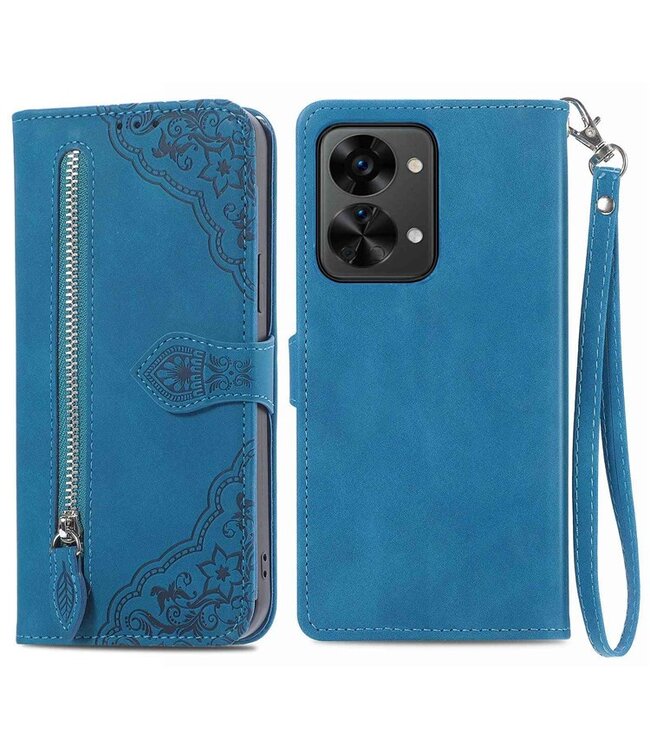 SoFetch SoFetch Blauw Portemonnee Kant Bloem Bookcase Hoesje voor de OnePlus Nord 2T