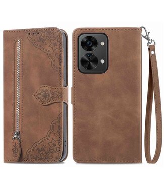 SoFetch Bruin Portemonnee Kant Bloem Bookcase Hoesje OnePlus Nord 2T