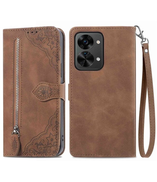 SoFetch SoFetch Bruin Portemonnee Kant Bloem Bookcase Hoesje voor de OnePlus Nord 2T