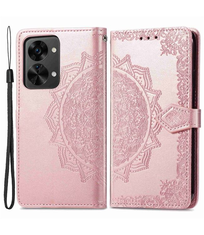 SoFetch SoFetch Rosegoud Mandala Bookcase Hoesje met Polsbandje voor de OnePlus Nord 2T