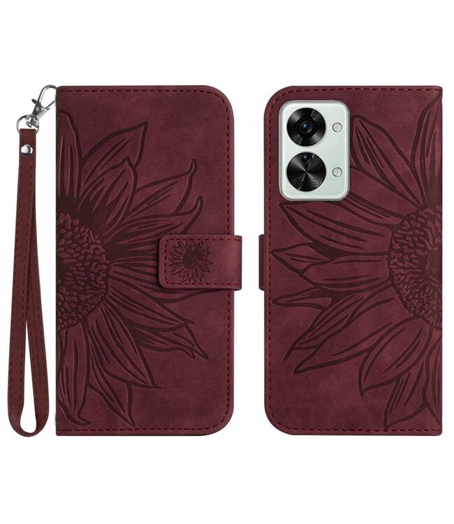 SoFetch SoFetch Bordeaux Rood Zonnebloem Bookcase Hoesje voor de OnePlus Nord 2T