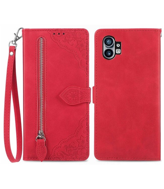 SoFetch Rood Kant Bloem Wallet Hoesje met Polsbandje voor de Nothing Phone (1)