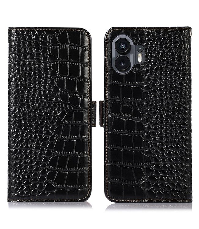 SoFetch SoFetch Zwart RFID Krokodillen Bookcase Hoesje voor de Nothing Phone (2)