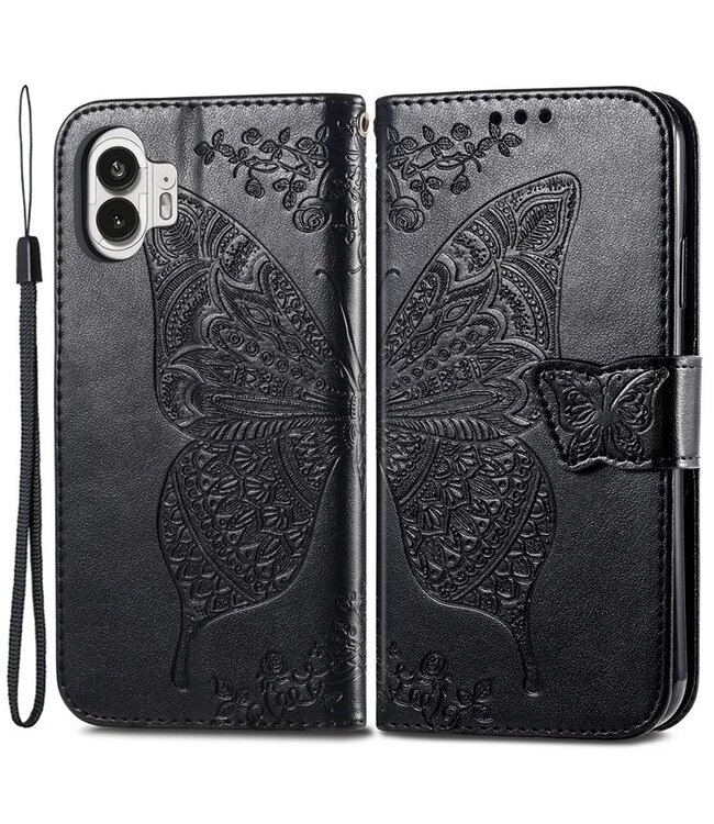 SoFetch SoFetch Zwart Vlinder Bookcase Hoesje met Polsbandje voor de Nothing Phone (2)