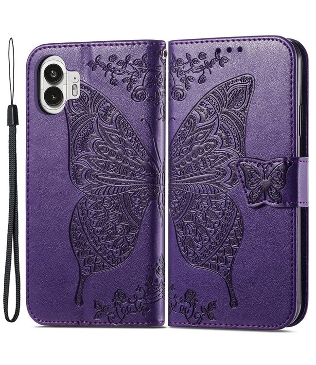 SoFetch SoFetch Paars Vlinder Bookcase Hoesje met Polsbandje voor de Nothing Phone (2)