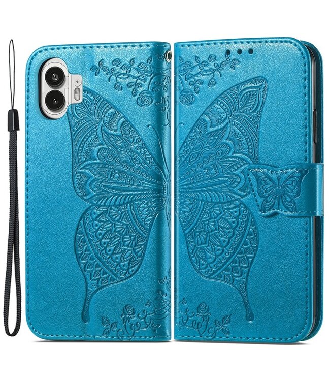 SoFetch SoFetch Blauw Vlinder Bookcase Hoesje met Polsbandje voor de Nothing Phone (2)