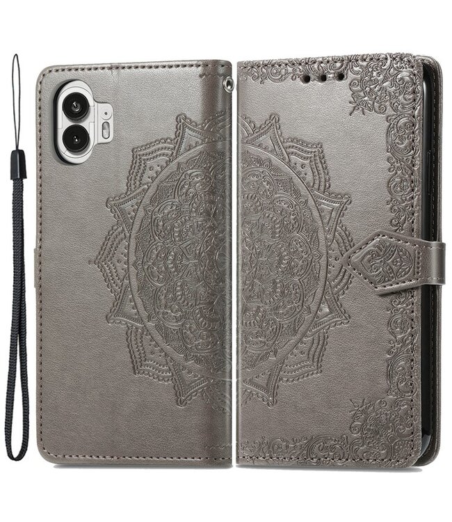 SoFetch SoFetch Grijs Mandala Bookcase Hoesje met Polsbandje voor de Nothing Phone (2)