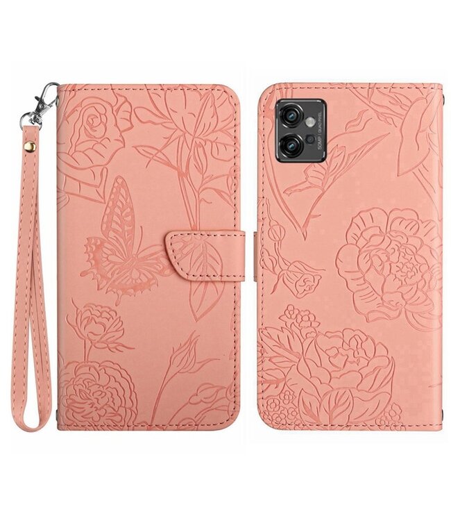 SoFetch Roze Bloem Vlinder Bookcase Hoesje voor de Motorola G32