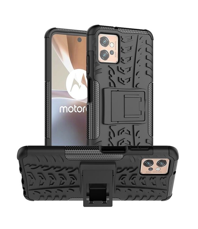 SoFetch Zwart Houder Bandstructuur Hybride Hoesje voor de Motorola G32