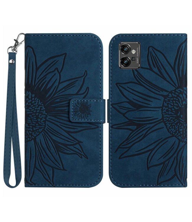 SoFetch Donkerblauw Zonnebloem Bookcase Hoesje voor de Motorola G32