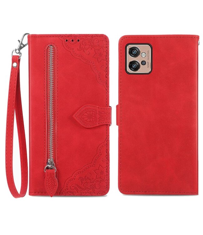 SoFetch Rood Kant Bloem Wallet Hoesje voor de Motorola G32