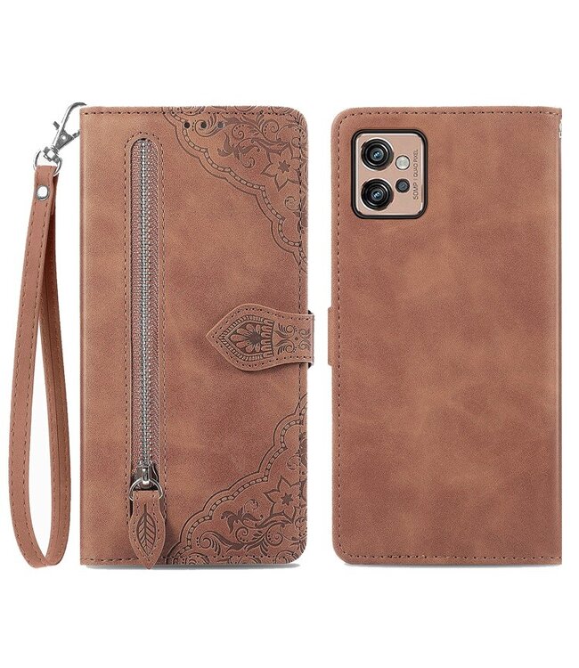 SoFetch Bruin Kant Bloem Wallet Hoesje voor de Motorola G32