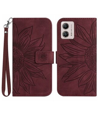 SoFetch Bordeaux Rood Zonnebloem Bookcase Hoesje met Polsbandje Motorola G53