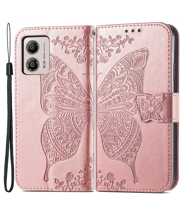 SoFetch Rosegoud Vlinder Bookcase Hoesje met Polsbandje voor de Motorola G53