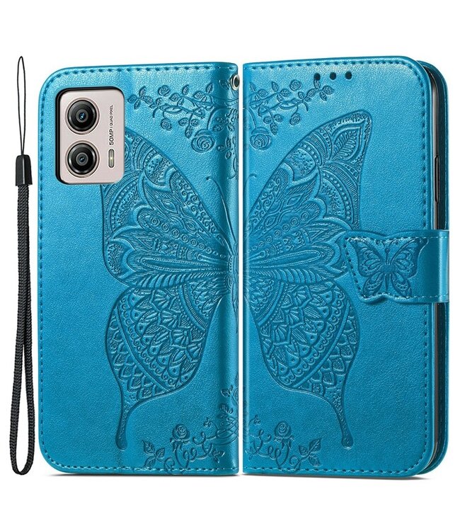 SoFetch Blauw Vlinder Bookcase Hoesje met Polsbandje voor de Motorola G53