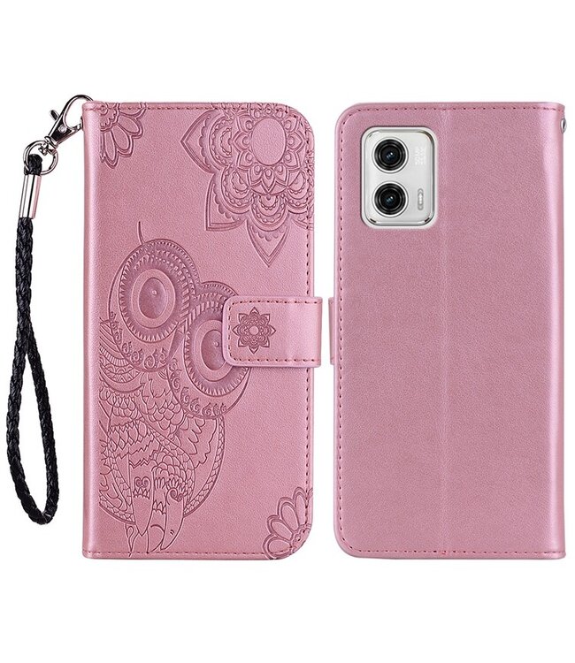 SoFetch Rosegoud Dromenvanger Uil Bookcase Hoesje met Polsbandje voor de Motorola G53