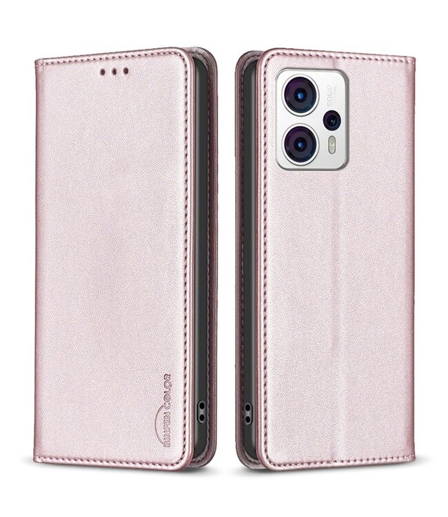 Binfen Rosegoud Zakelijk Bookcase Hoesje voor de Motorola G53