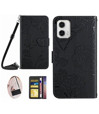 SoFetch Zwart Bloemen Vlinder Bookcase Hoesje Motorola G73