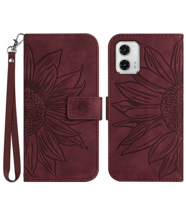 SoFetch Bordeaux Rood Zonnebloem Bookcase Hoesje voor de Motorola G73