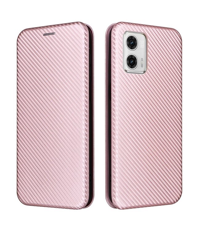 SoFetch Rosegoud Carbontextuur Bookcase Hoesje voor de Motorola G73