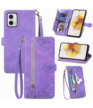 SoFetch Lichtpaars Kant Bloem Wallet Hoesje Motorola G73