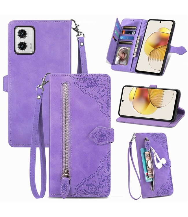 SoFetch Lichtpaars Kant Bloem Wallet Hoesje voor de Motorola G73