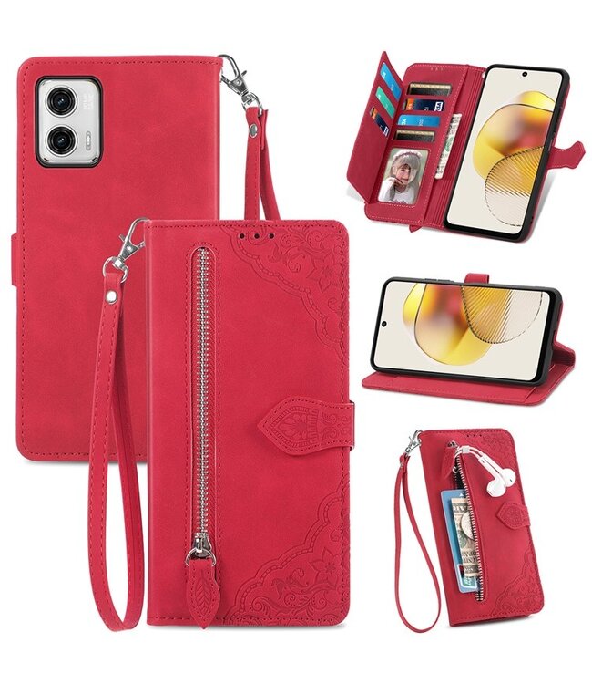 SoFetch Rood Kant Bloem Wallet Hoesje voor de Motorola G73