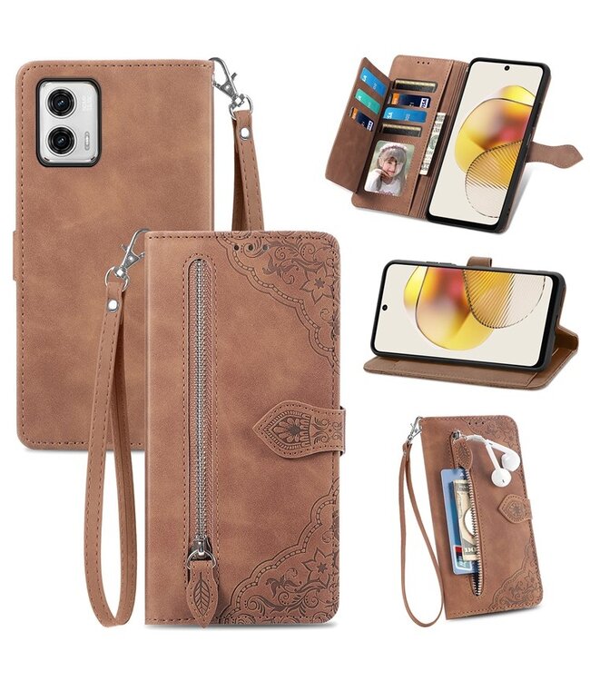 SoFetch Bruin Kant Bloem Wallet Hoesje voor de Motorola G73