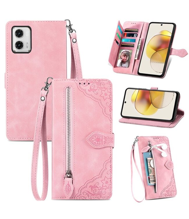 SoFetch Roze Kant Bloem Wallet Hoesje voor de Motorola G73