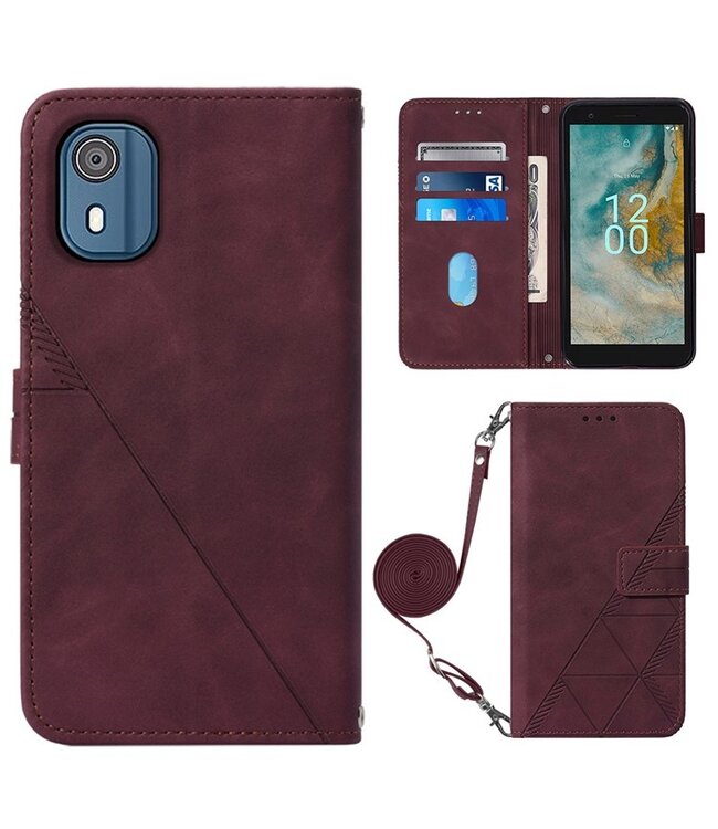 SoFetch Bordeaux Rood Lijnen Bookcase Hoesje met Koord voor de Nokia C02
