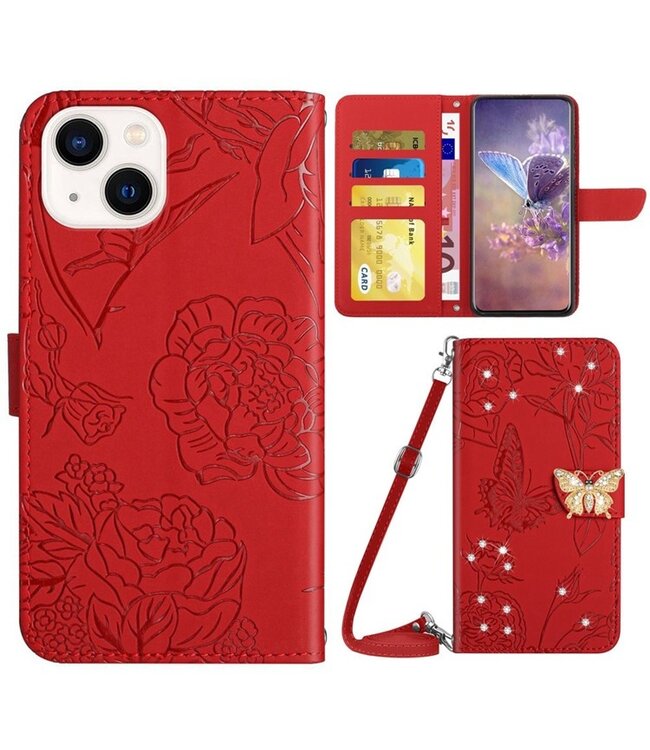 SoFetch Rood Bloemen Vlinder Bookcase Hoesje met Koord voor de iPhone 14 Plus