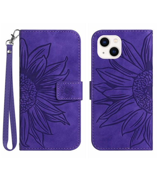 SoFetch Donkerpaars Zonnebloem Bookcase Hoesje met Polsbandje voor de iPhone 14 Plus