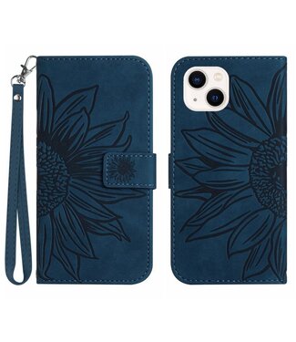 SoFetch Donkerblauw Zonnebloem Bookcase Hoesje met Polsbandje iPhone 14 Plus