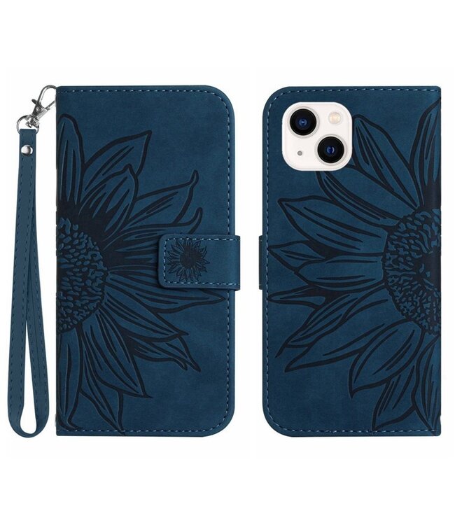SoFetch Donkerblauw Zonnebloem Bookcase Hoesje met Polsbandje voor de iPhone 14 Plus