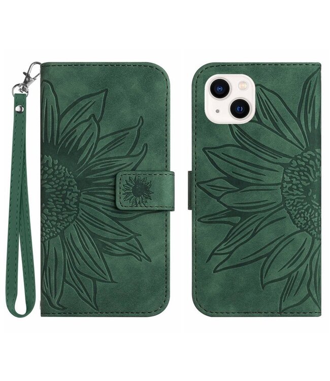 SoFetch Groen Zonnebloem Bookcase Hoesje met Polsbandje voor de iPhone 14 Plus