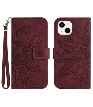 SoFetch Bordeaux Rood Zonnebloem Bookcase Hoesje met Polsbandje iPhone 14 Plus
