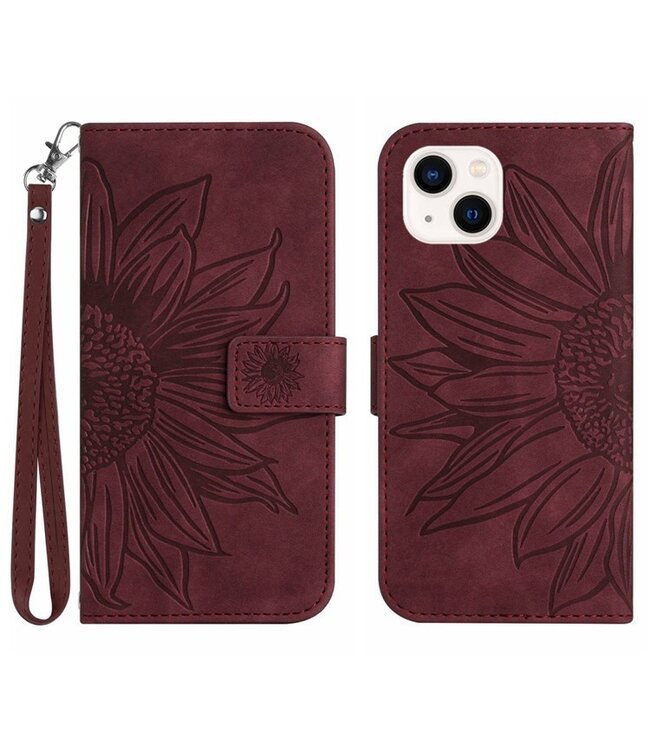 SoFetch Bordeaux Rood Zonnebloem Bookcase Hoesje met Polsbandje voor de iPhone 14 Plus