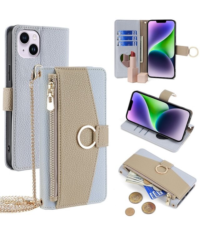 SoFetch Blauw Stijlvol Wallet Hoesje met Koord voor de iPhone 14 Plus
