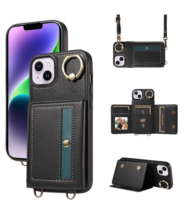 SoFetch Zwart Pasjeshouder Hybride Hoesje met Koord voor de iPhone 14 Plus