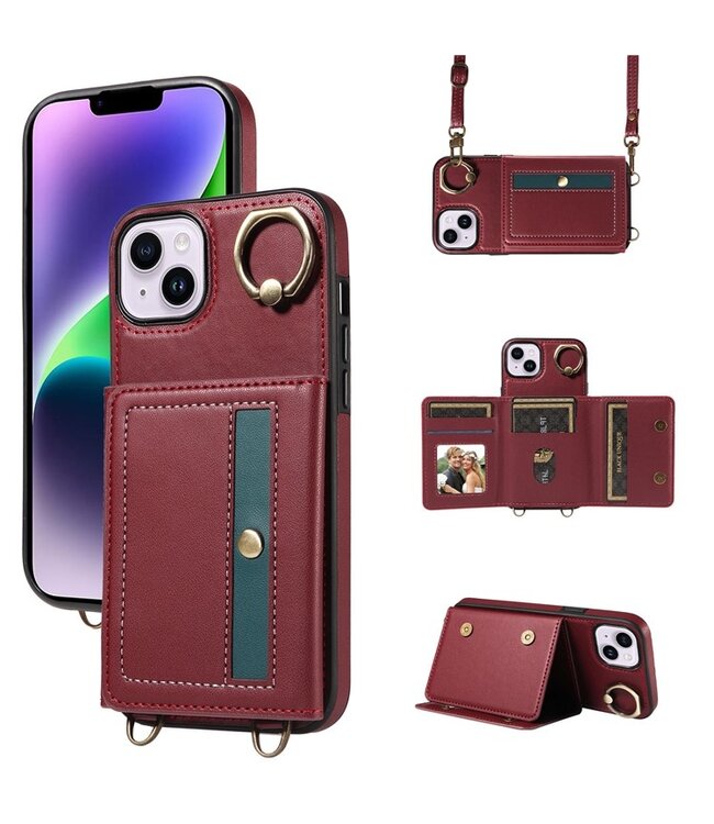SoFetch Bordeaux Rood Pasjeshouder Hybride Hoesje met Koord voor de iPhone 14 Plus