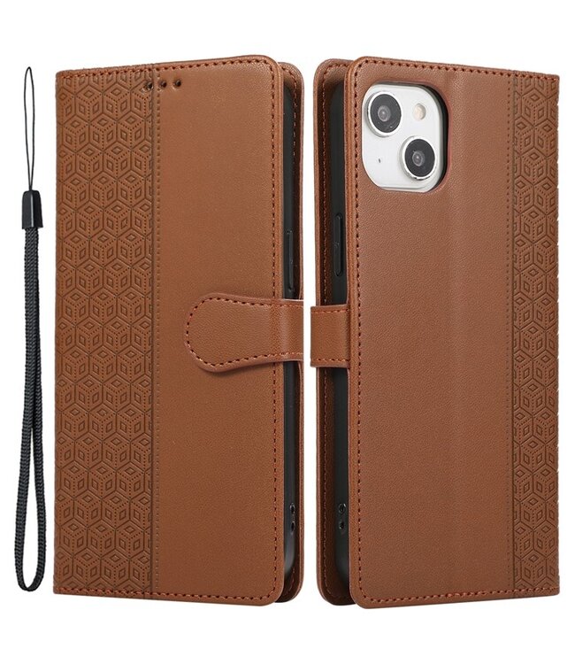 SoFetch Bruin Ruiten Bookcase Hoesje met Polsbandje voor de iPhone 14 Plus